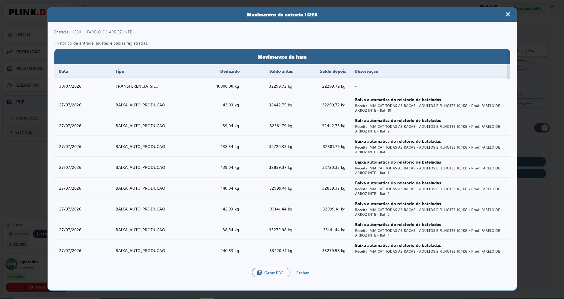 Tela de movimentos de estoque do plink.data, com o histórico de entrada, ajustes e baixas de um item, mostrando data, tipo de movimento, quantidade deduzida, saldo antes e depois e a observação de cada lançamento.