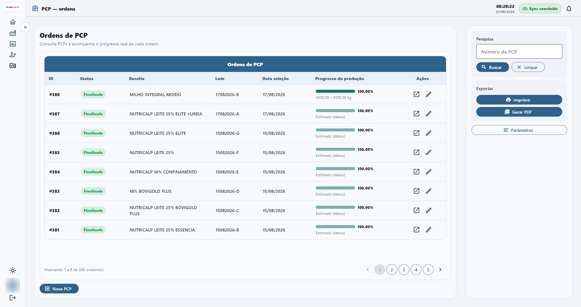 Tela de ordens de PCP do plink.data, com a lista de ordens de produção mostrando identificador, status, receita, lote, data de seleção e a barra de progresso da produção de cada ordem.